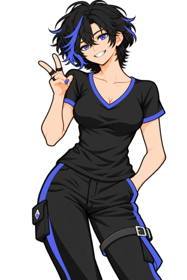 Yumeko, personagem da Otakiro, usando babylook preta com detalhes em azul índigo